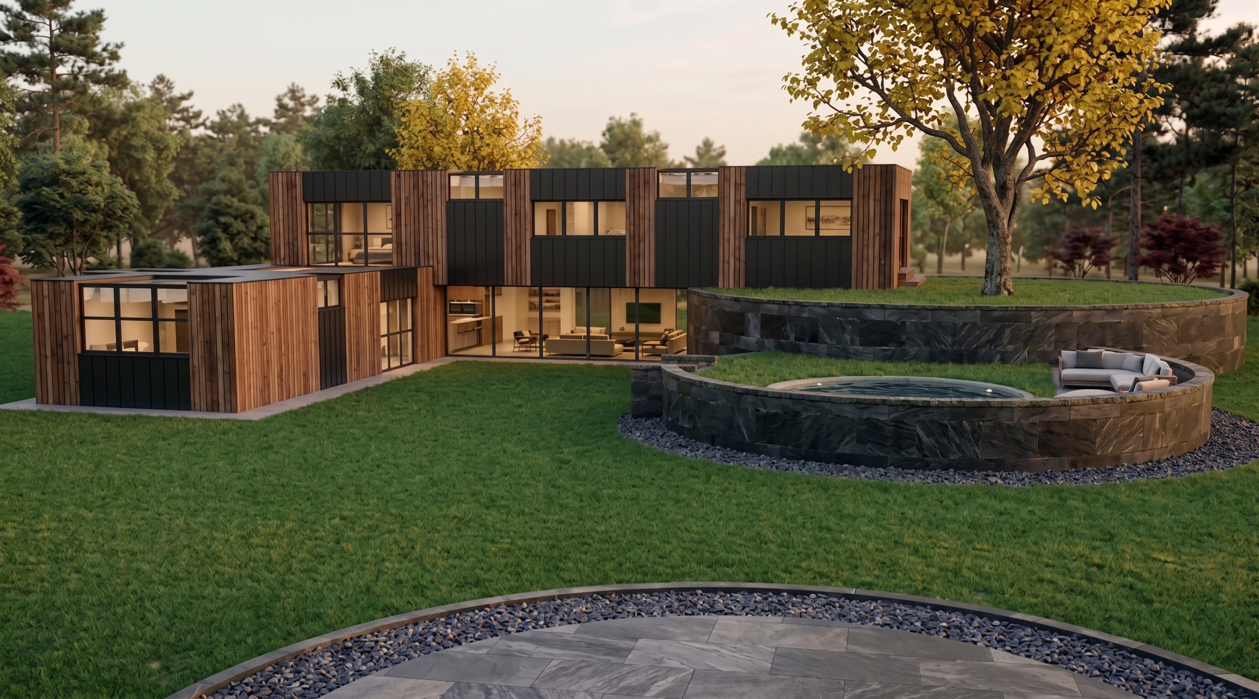 Cookie House, vista dal giardino: i volumi sfalsati della casa e il muro d'ardesia circolare che racchiude la vasca