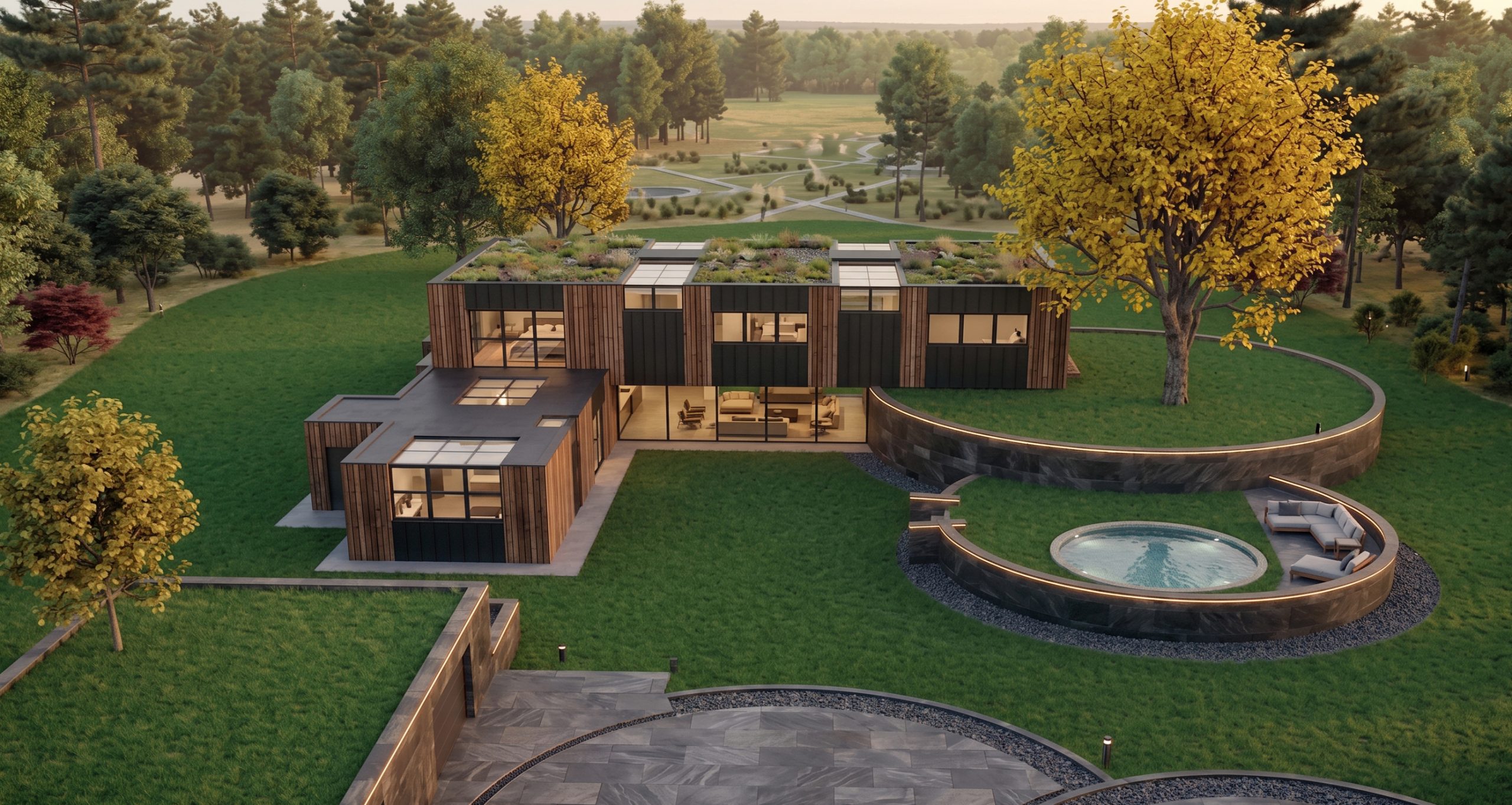 Cookie House vista dall'alto: il tetto verde della casa e l'albero preservato sul proprio cilindro di terreno originario, con il paesaggio circostante sullo sfondo