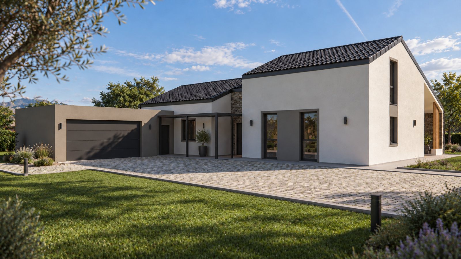 Residenza Migar, casa NZEB classe A4: vista frontale d'ingresso con garage