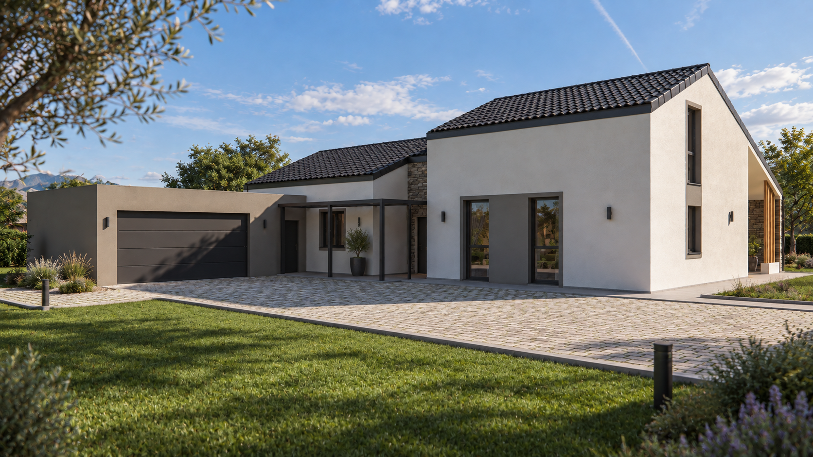 Residenza Migar, casa NZEB classe A4: vista frontale d'ingresso con garage