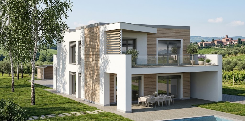 Pratoverde, casa nZEB a due livelli con terrazza panoramica e piscina tra le colline