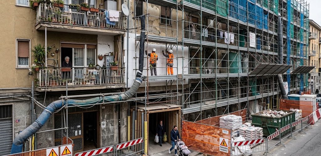 Condominio abitato con ponteggio e cantiere di riqualificazione energetica in corso, immagine dell'articolo LinkedIn "Casa green: chi decide, chi paga, chi resta"